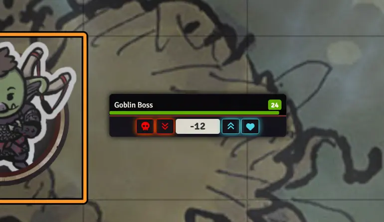 A small window showing the name Goblin Boss, its total health in both bar and number form, underwhich is a text entry field for adding or subtracting health points.