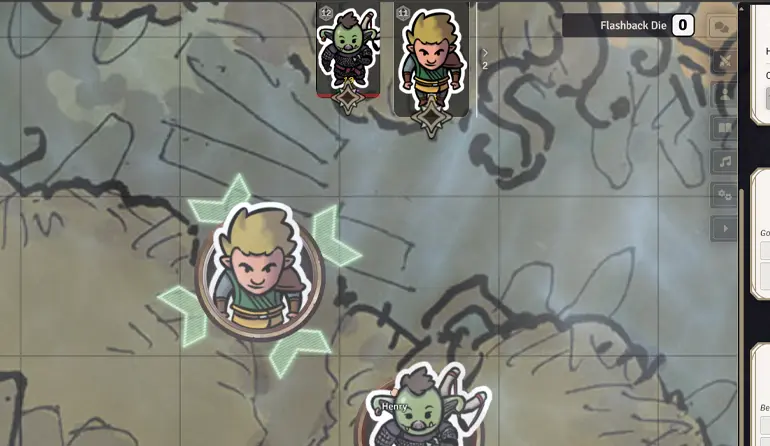 Two tokens on the ground in Foundry VTT with character portraits at the top. The elf portrait is enlarged and their token marked with green arrows to show it’s their turn.