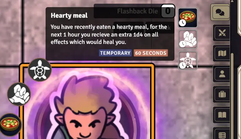 An Elf token in Foundry VTT with a tooltip showing the 'Hearty Meal' status icon of a soup bowl and its description and duration.