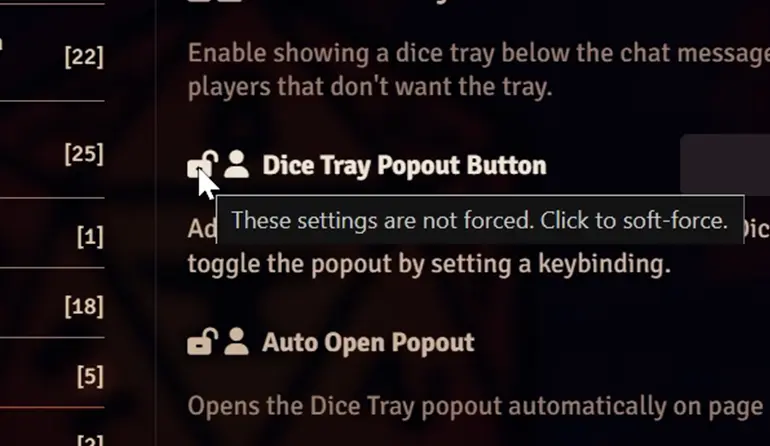 The Foundry VTT settings window with a lock icon next to the Dice Tray Bopout Button toggle setting. The lock is currently unlocked and a prompt informs that clicking will soft-force the setting.