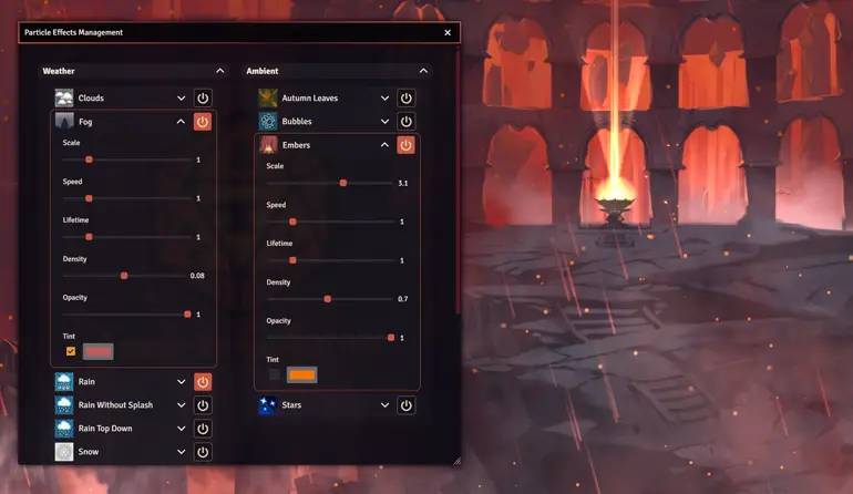 A Foundry VTT window showing Gambit FXMaster effect options. The active scene displays layered visual effects, including glowing embers, drifting smoke, and a red rain effect falling across the background.