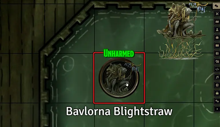 The cursor hovers over a monster token, portrait artwork of the creature is shown on the right hand side of the screen.