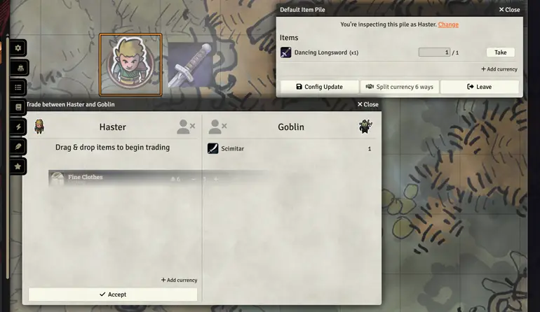 A map where an icon of a sword on the map next to a cartoon elf token. Two UI windows are open, one showing a list of items with the option to take the item or leave. The other a trade window between two players.