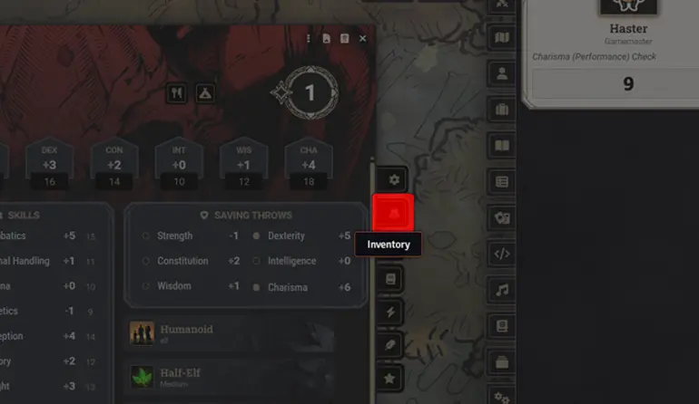 A Foundry VTT D&D character sheet with the screen darkened and a bright red box drawn over an inventory tab UI piece from the Remote Highlight UI module. 