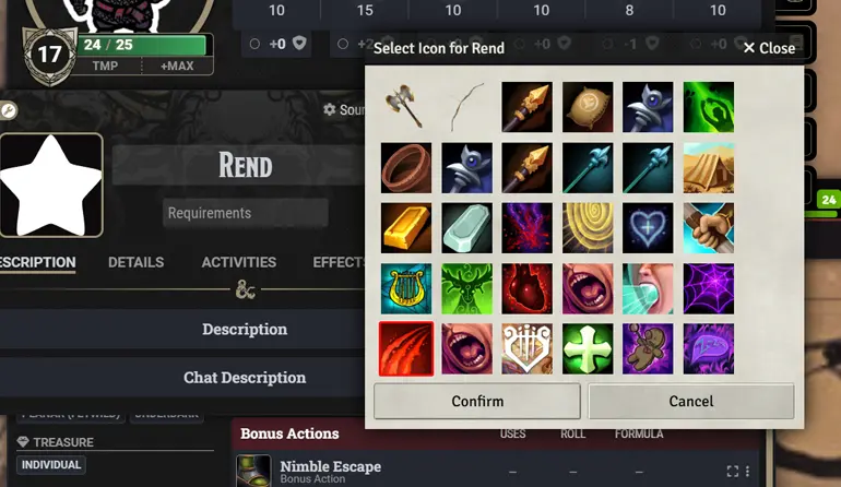 Two windows are open, the window partially shown is a monster action window for Rend, its icon has yet to be set. The window open on top is the Smart Icons window showing matching icons for the name Rend.