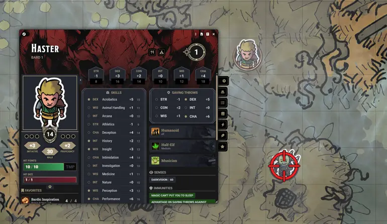 A screenshot of Foundry VTT with a player's character sheet open to the left, a swampy map can be seen with two tokens. The characters elf token at the top and a goblin with a target cross hair over the top of it.