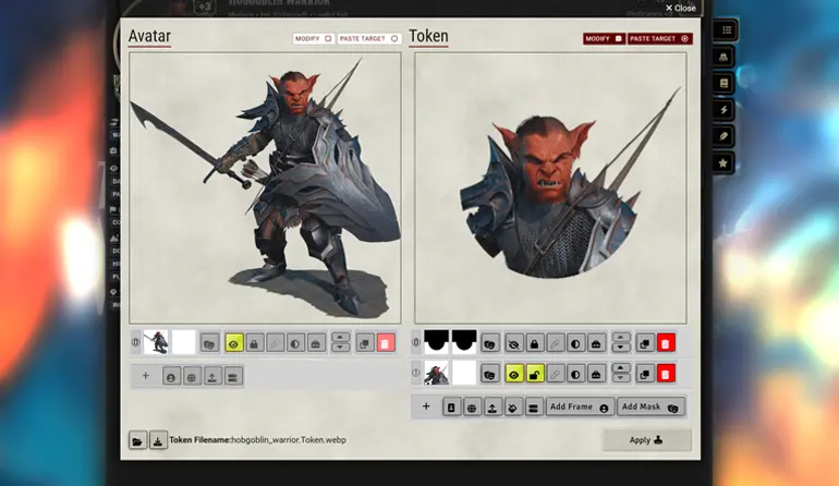 A window showing a red goblin in armour, on one side of the window is the avatar image with layers and editing options underneath and on the right side is the token image which has been masked out to fit a dynamic token.